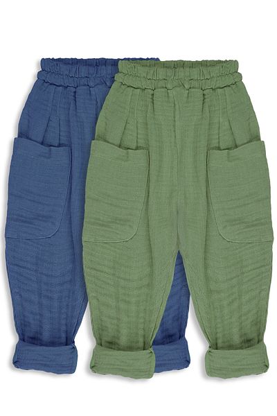 Catz Kids Pack of 2 Boyfriend Muslin Pants (Indigo and Khaki)
