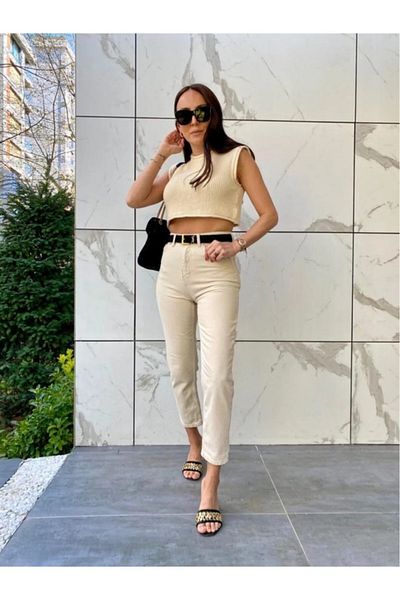 SANTA BELLA Angel Beige Cream Super High Waist Boyfriend Mom Jeans Women's Jeans