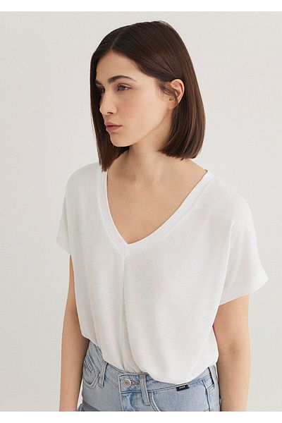Mavi Weißes Basic-T-Shirt aus Viskose mit V-Ausschnitt, reguläre Passform 166449 -620