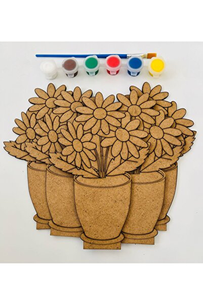 WoodStory Ahşap Boyama Oyunu – 5’li Vazolu Çiçek Figürü + Akrilik Boya ve Fır...