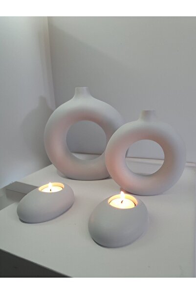 Lapida Home Decor Διακοσμητικό Σετ Βάζο Δαχτυλιδιού και Οβάλ Κηροπήγιο - Σετ Σκανδιναβικό Αξεσουάρ Σπιτιού από Μπετόν 4 τεμαχίων Γκρι