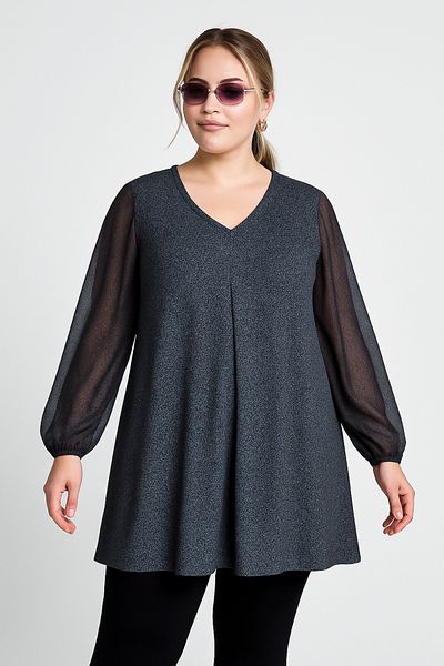 Stil Diva Bluză cu sclipici cu mâneci lungi din tul cu decolteu în V cu glezne elastice 78-132