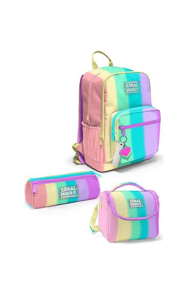 Coral High Patterned School Bag Nutrition Pen Holder Set of 3 23630