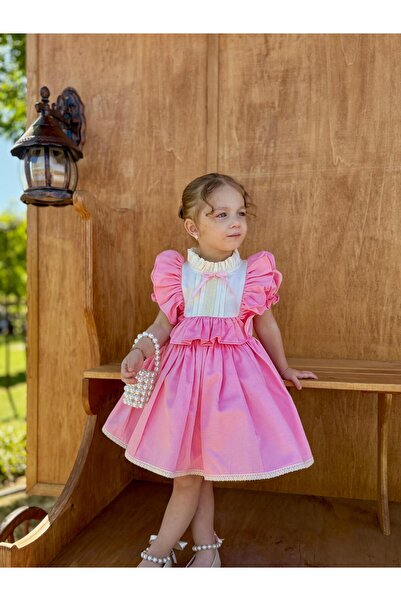 Hly Karol Tasarım Vintage φόρεμα για κοριτσάκι με ροζ φιόγκο, φόρεμα γενεθλίων, φόρεμα φωτογράφισης, κατάλληλο για 0-7 ετών