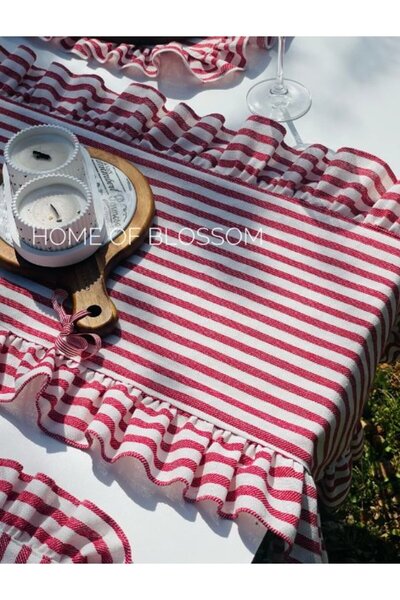 Sister Home Design Fırfırlı Kırmızı Çizgili Keten Runner 40 x 150