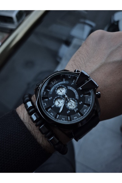 WERWOLF BAY KOL SAATİ SETİ, DERİ KORDONLU, SİYAH RENK, GÜMÜŞ RENK ÇAKMAKLI