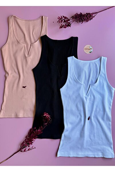 Elosia Luniva 3’lü Siyah, Beyaz ve Gül K. Kadın Kolsuz Bluz | V Dekolteli, Pa...