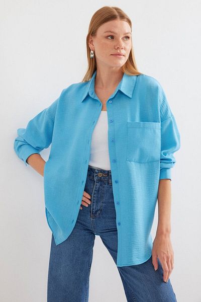 modaserdem 20153 single pocket oversize linen shirt - light blue
