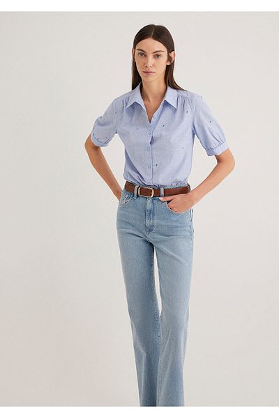 Mavi Cămașă albastră cu imprimeu mini cu flori, croială mulată/mulată1210060-87734