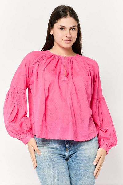 Scotch & Soda Women Crew Neck Cuffed Sleeves Embroidered Blouse, Pink