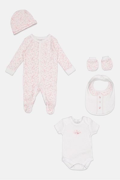 Rock A Bye Baby Boutique Toddlers Girl 5 Pcs Floral Print Bodysuit, Bib, Beanie, Gloves And Coverall Set, Multicolor