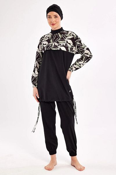 Bordomix 1206 Women's Black Floral Patterned Hijab Swimsuit