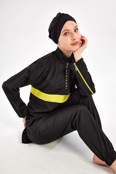 Bordomix 1502 Women's Black Yellow Striped Hijab Swimsuit