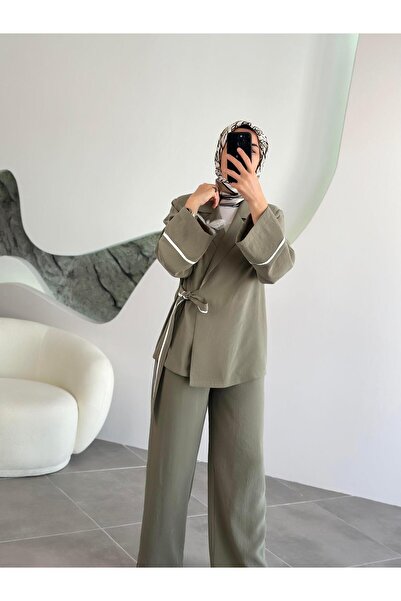 BÜRDE Ceketi Broşlu Haki Renk Kadın Takım