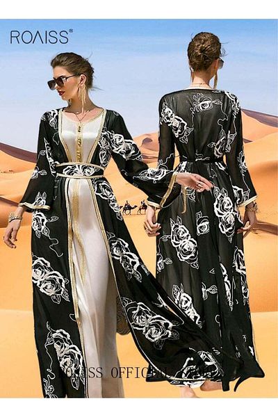 ROAISS Women Two-piece Flower Embroidery Long V-Neck Skirt with Belt Ethnic Style Dress