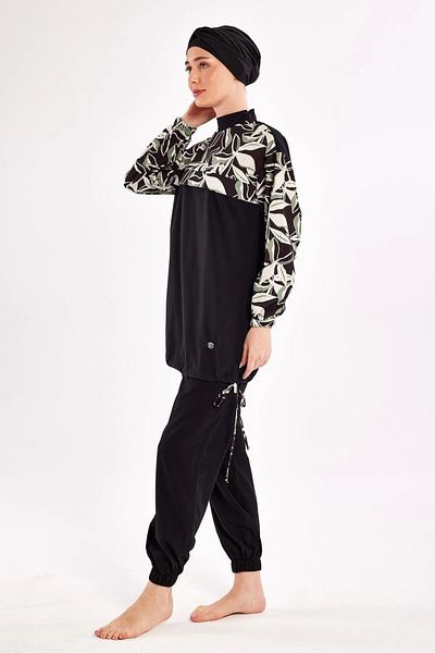 Bordomix 1206 Women's Black Floral Patterned Hijab Swimsuit