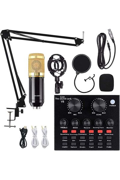 fulina Microphone Set, With Stand, 3 Nozzle Guards, Sound Card, Easy to Operate and Suitable for Beginners