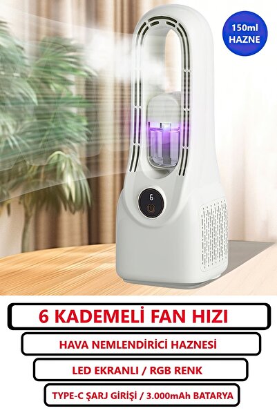 ROXİVA 6 Kademeli Fan Hızı / Ultrasonik Nemlendirici Renkli ışıklı Hazne / 3.000mAh batarya/Vantilatör/Fan