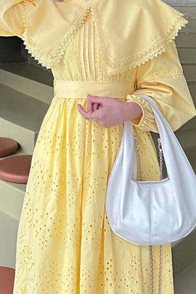 benguen Collar Detailed Lace Dress Yellow 1421