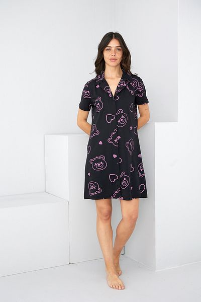 Siyah İnci Black Pink Teddy Bear Patterned Button-Down Shirt Collar Nightgown Dress 7830