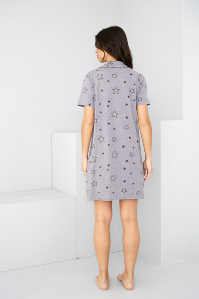 Siyah İnci Gray Star Patterned Buttoned Shirt Collar Nightgown Dress 7830