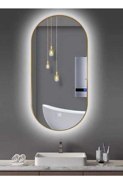 Taimi Oval Wall Mirror with Gold Frame and 3-Color LED Touch Light, Bathroom Bedroom Mirror 120x60cm