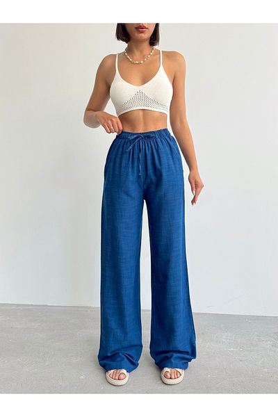 BEJNA Marineblaue, locker geschnittene Palazzo-Hose aus Leinen für Damen