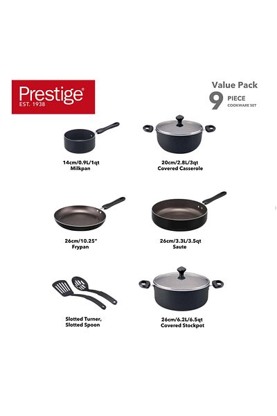 Prestige 9 Pcs Value Pack Cookware Set | Non-stick Pots and Pans Set - PR22482