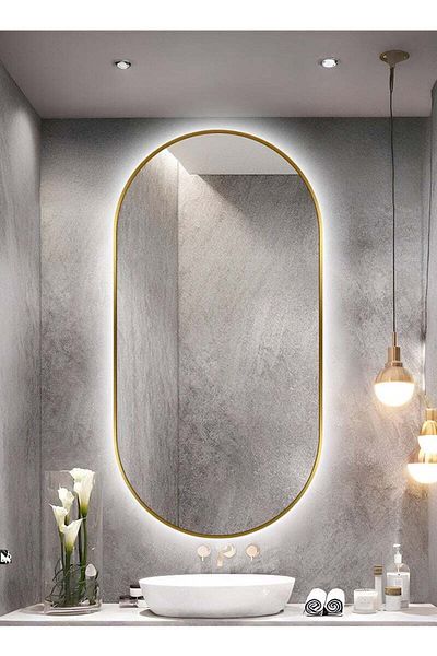 Taimi Oval Wall Mirror with Gold Frame and 3-Color LED Touch Light, Bathroom Bedroom Mirror 120x60cm