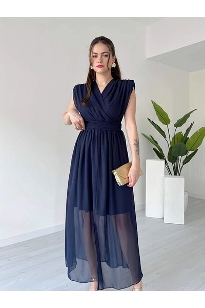 DKS Double Breasted Collar Front Slit Padded Sleeveless Midi Length Chiffon Dress