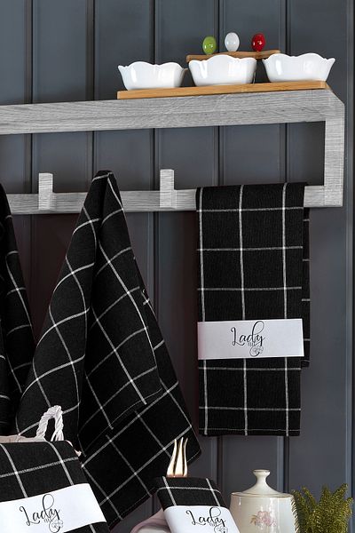 LADYNİL Set of 10 Kitchen Towels & German Napkin 50X70 cm 100% Cotton and Washed Large Checked