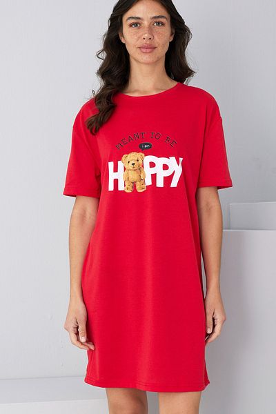 Siyah İnci Red Crew Neck Printed Nightgown Dress