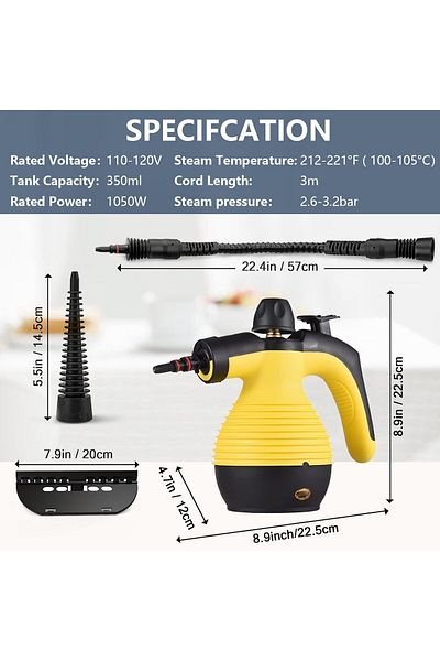 COOYA Handheld Steam Cleaner,2.6M Extended Power Cord,11Accessories and Safety Lock, Yellow,1050W