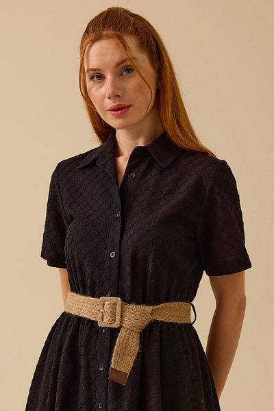 SEÇİL Seçil Women's Patterned Belt Detailed Scalloped Dress 0026 Black