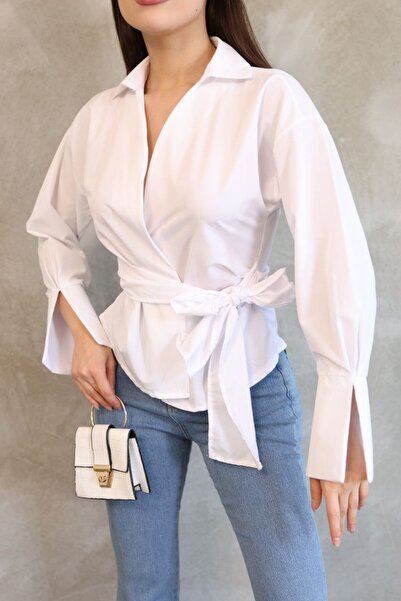 GALAVİP Women's New Product Long Sleeve Waist Tie Detailed Shirt