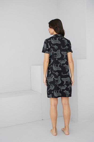 Siyah İnci Black Leopard Print Button-Down Shirt Collar Nightgown Dress