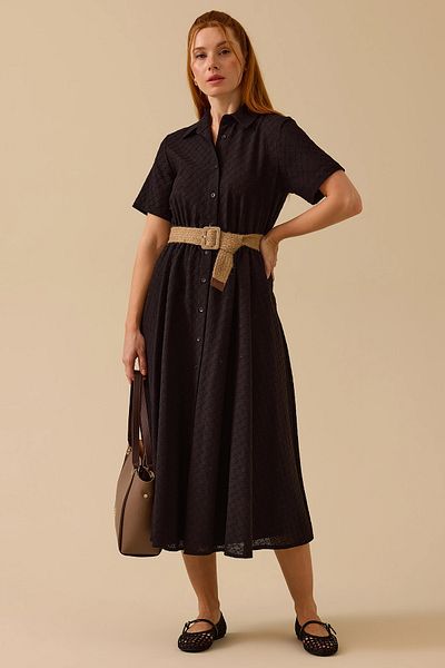 SEÇİL Seçil Women's Patterned Belt Detailed Scalloped Dress 0026 Black