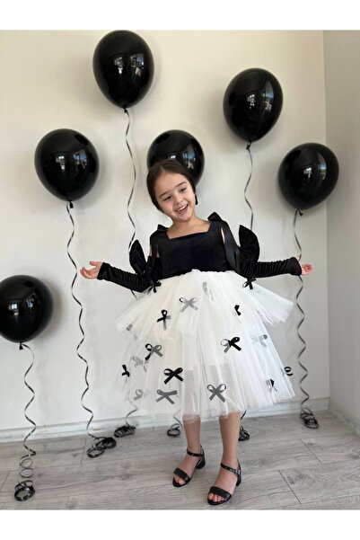 sarena Siyah Fiyonk Detaylı Prenses Kız Çocuk Parti Elbisesi + Toka + Kolluk
