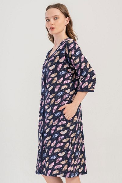 VİENETTA Women's Large Size Capri Sleeve Zippered Navy Blue Home Dress C7T2N1O904