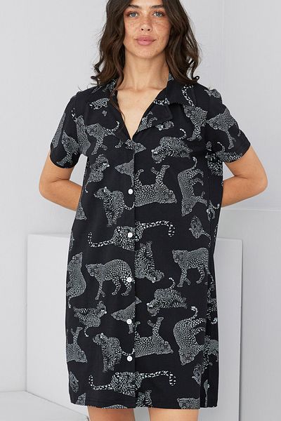 Siyah İnci Black Leopard Print Button-Down Shirt Collar Nightgown Dress