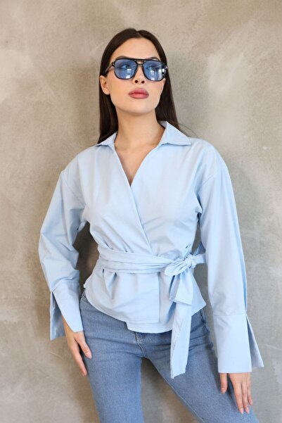 GALAVİP Kadın Yeni Ürün Uzun Kol Belden Bağlama Detaylı Gömlek