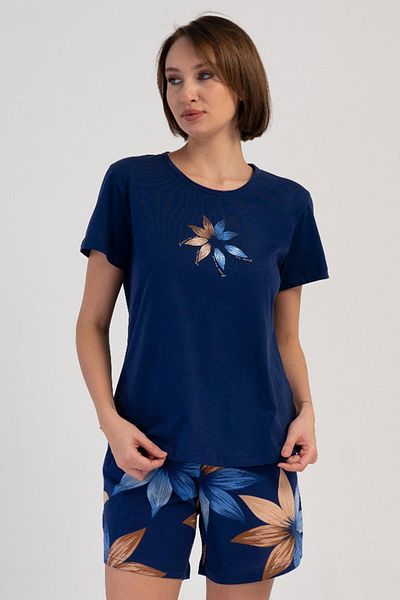 VİENETTA Women's Large Size Short Sleeve Navy Blue Shorts Pajama Suit C4T9N4O804