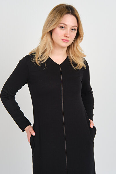 Sistas Women's V-Neck Double Pocket Slim Stripe Detailed Maxi Dress 23813 Black