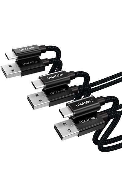 Unamnk Set de 3 cabluri de încărcare rapidă USB C, nailon/metal, negru, 2m/2m/0.3m