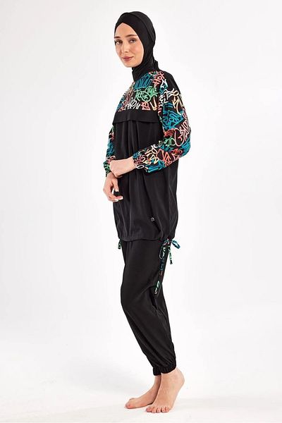Bordomix 1207 Women's Black Colored Written Hijab Swimsuit