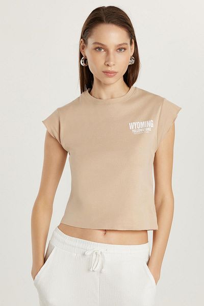 Tudors Tricou de damă, slim fit, cu nervuri, imprimat, 100% bumbac, cu decolteu, bej