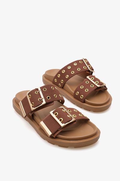 LOJO Γυναικείες παντόφλες casual με διπλό λουράκι χρυσή πόρπη χοντρή σόλα kea