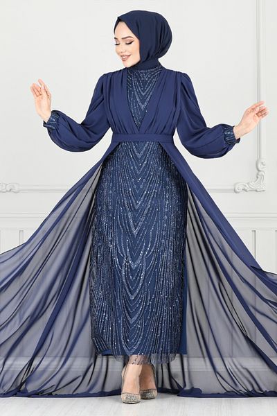 ModaMerve Glitter Detail Cape Evening Dress 4026Ygs898-M Navy