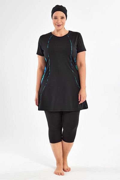 Bordomix 252803 Women's Black Large Size Short Sleeve Semi-Hijab Swimsuit