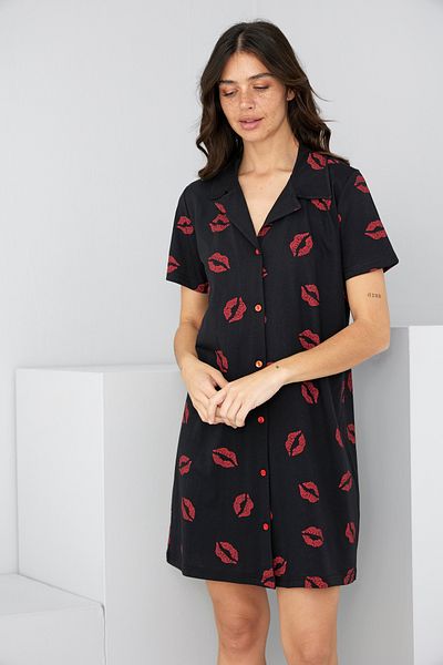 Siyah İnci Black Red Lip Print Boydan Buttoned Shirt Collar Nightgown Dress 7830